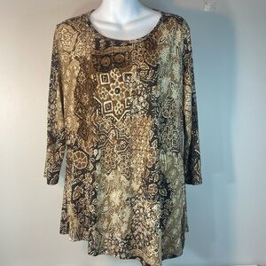 Women’s Rafaella Brown White Geometric 3/4  Blouse Size Petite Med